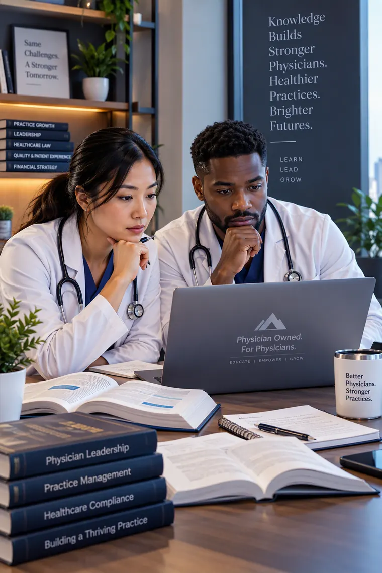 Two physicians reviewing course material together at a laptop